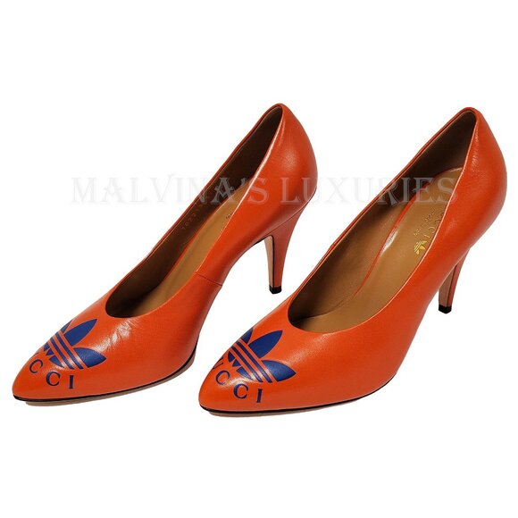 GUCCI SHOES ADIDAS X TREFOIL ORANGE LEATHER PUMPS w LOGO sz 37 / 7 - Picture 6 of 16